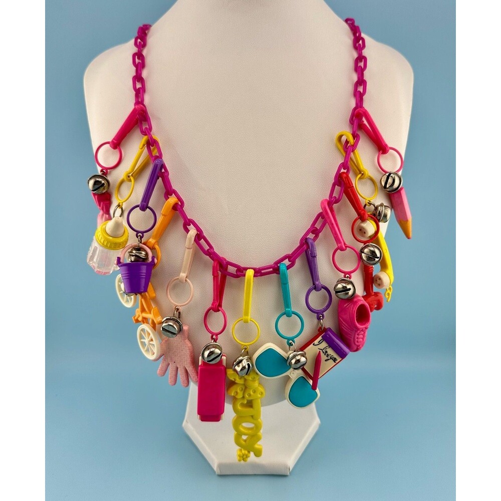 1980s Vintage Bell Clip Charm Necklace 19 Plastic Charms Pink Chain Retro Kid - Picture 2 of 14